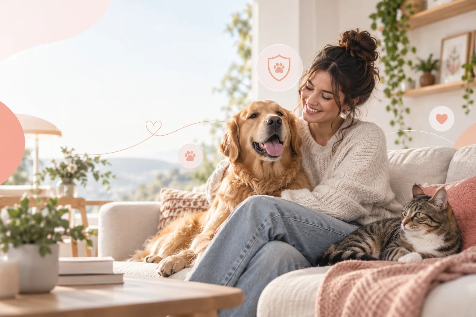 Dog and cat beside their owner on a sofa