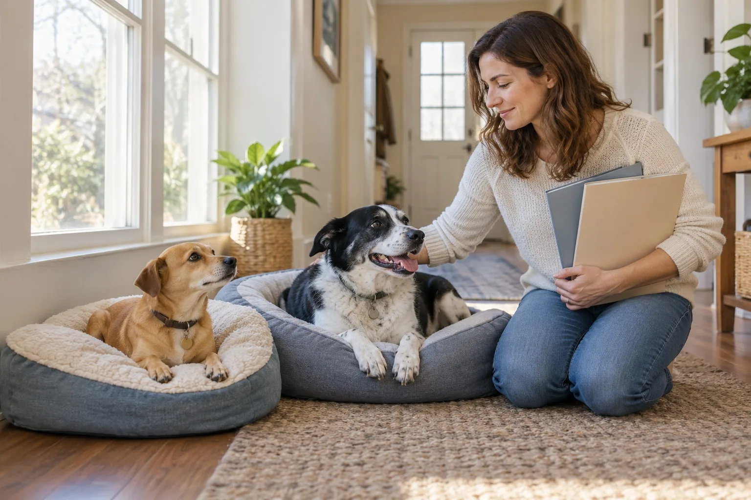 Owner comparing papers beside two dogs resting in separate beds